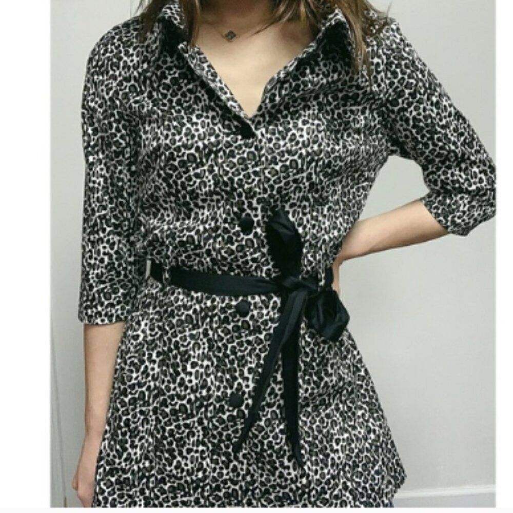 Emmelee For F.C. Snow Leopard Belted Button Down Midi Trench Coat Size M